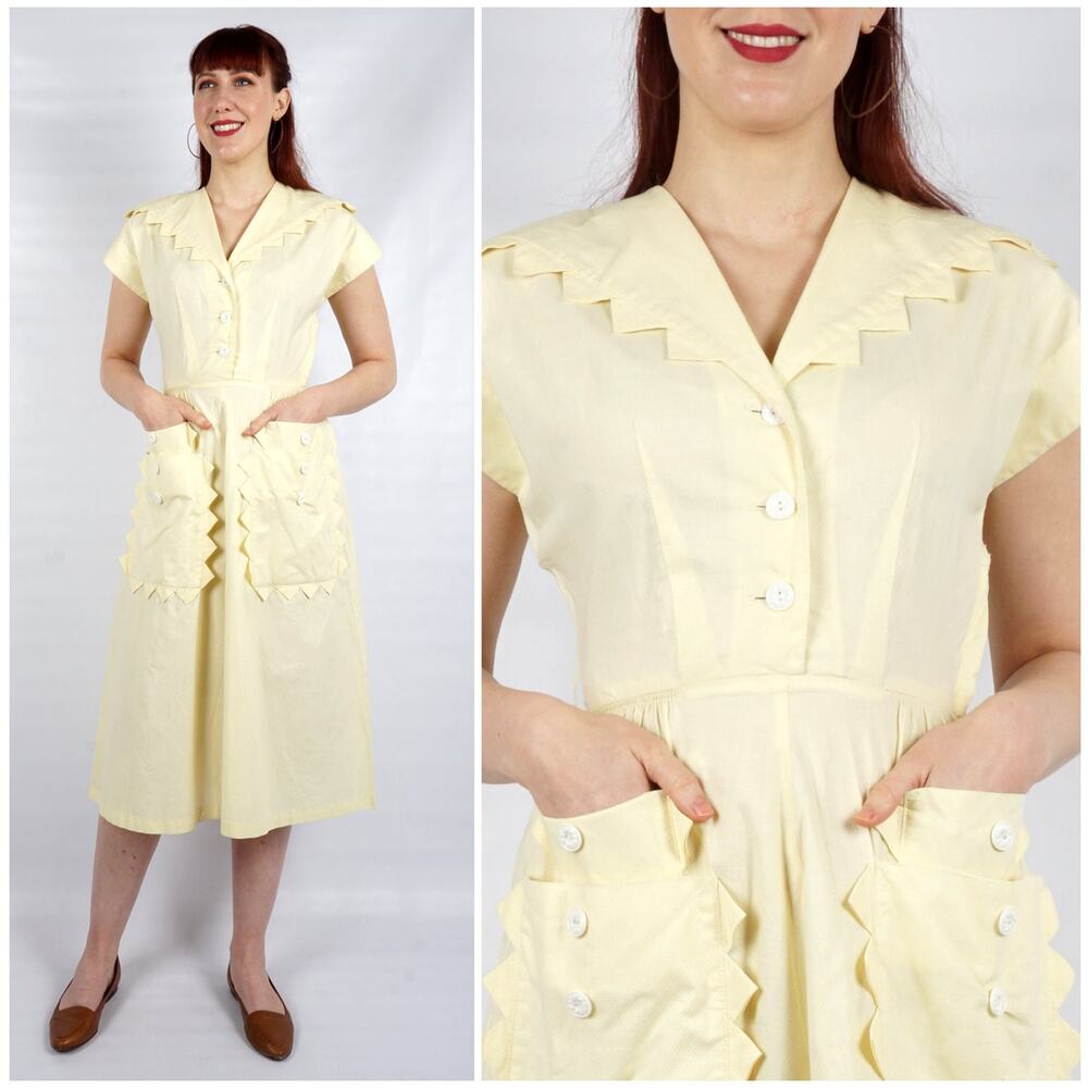 Vintage 40s/50s Pale Yellow Day Dress Ric Rac Zig Zag Collar Vicky Vaughn | S/M